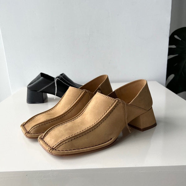 Zapato Retro Cuadrado Mujer Cuero Genuino Tacón Medio Grueso