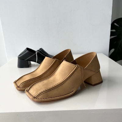 Zapato Retro Cuadrado Mujer Cuero Genuino Tacón Medio Grueso - Image 2