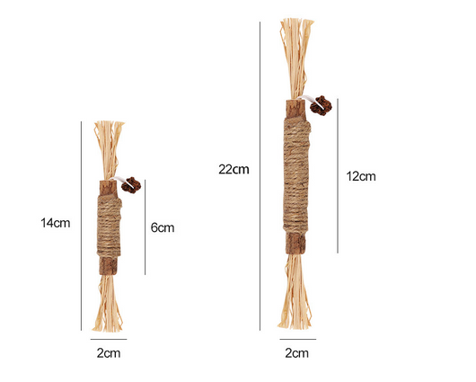 14cm natural wooden cat chew toy wrapped with cotton rope and raffia ends, designed for tooth cleaning. - Image 10