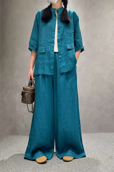 Conjunto de Lino Casual: Camisa Manga Corta y Pantalón de Color Liso - Image 14