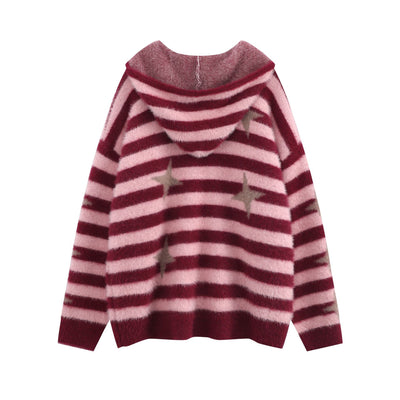 Cardigan Suelto Rojo a Rayas con Capucha y Cierre - Image 4