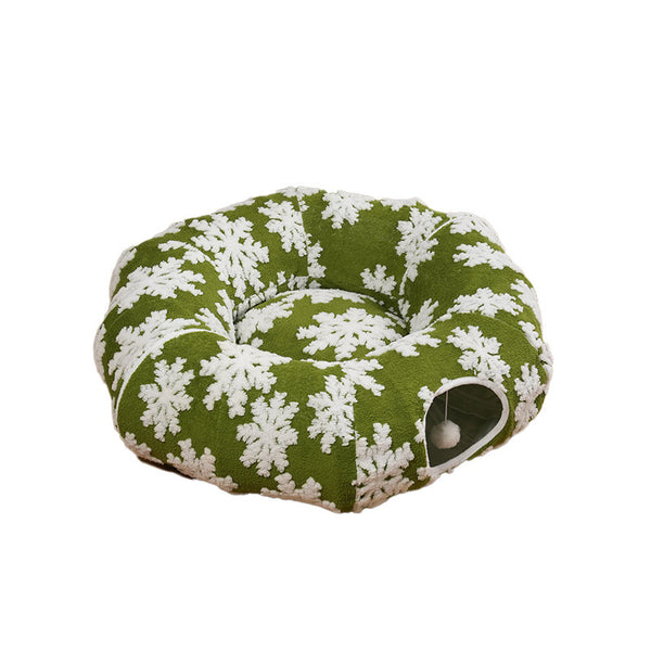 Cama Túnel Navideño para Mascotas con Diseño de Copos de Nieve Verde - Image 4