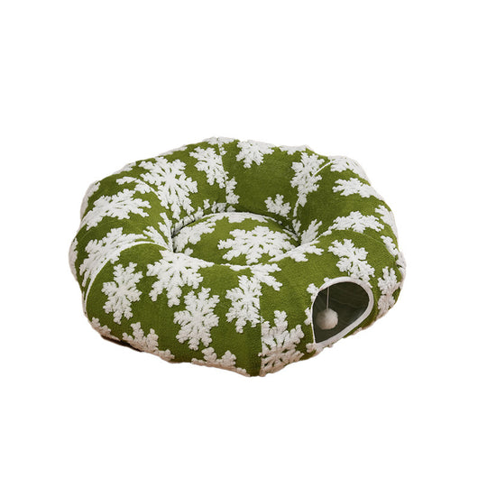Cama Túnel Navideño para Mascotas con Diseño de Copos de Nieve Verde - Image 4