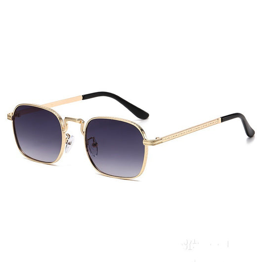 Gold frame square-oval sunglasses with gradient black and grey lenses and black temple tips on a white background. - Image 5