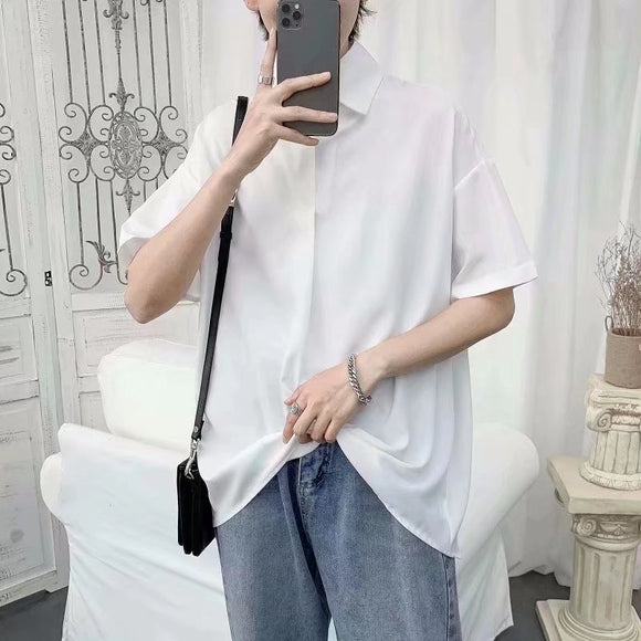 Camisa Suelta de Manga Corta en Color Sólido para Hombre