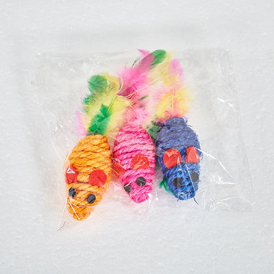 Set of three colorful sisal mouse cat toys with feather tails, packaged in clear plastic. - Image 4