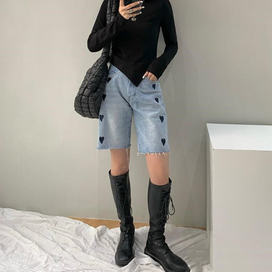 Pantalones Jeans Mujer Cintura Alta Pierna Ancha Recta con Detalles de Amor - Image 8