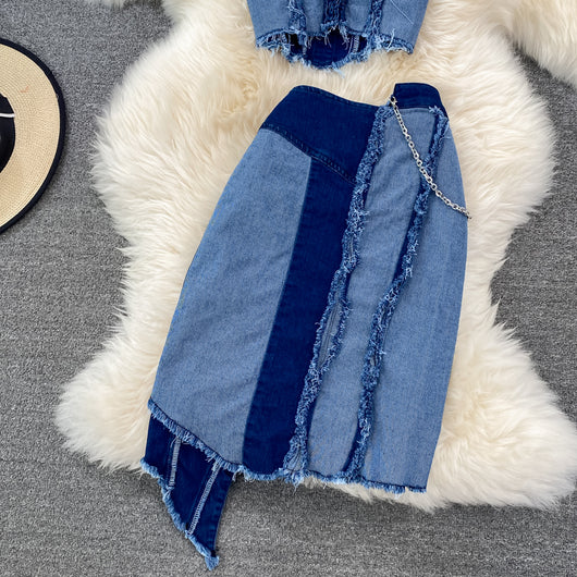 Conjunto Denim Tube Top con Falda Corta Irregular - Image 20