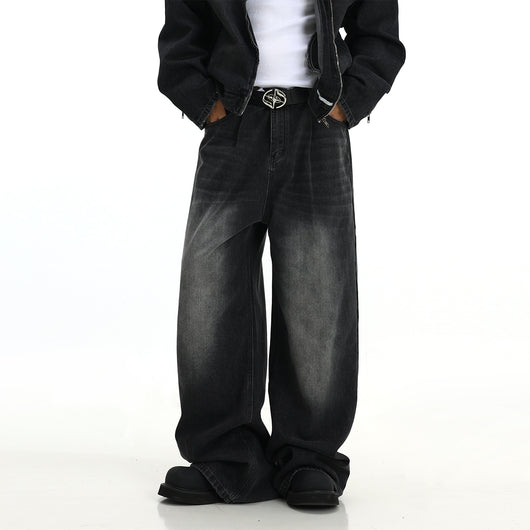 Pantalones Vaqueros Retro Lavados Hombre Rectos Casual Pierna Ancha