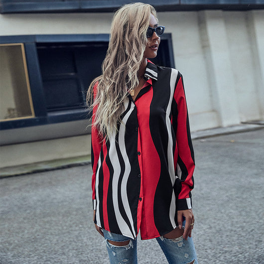 Blusa Rayada Roja con Solapa para Mujer - Manga Larga - Image 4
