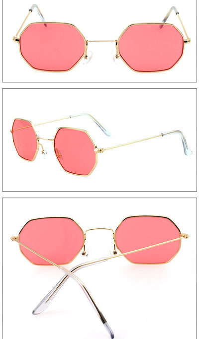 Silver polygonal sunglasses with clear lenses, featuring a thin metal frame and vintage style. - Image 3