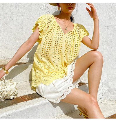 Blusa Bordada Estilo Vacacional Manga Corta Diseño Francés de Verano - Image 12