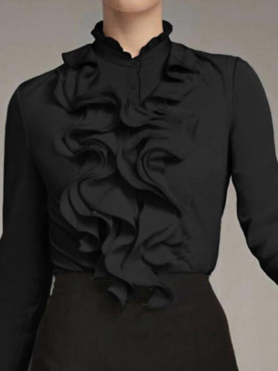 Blusa Clásica de Botones con Volantes y Colores Sólidos - Image 15
