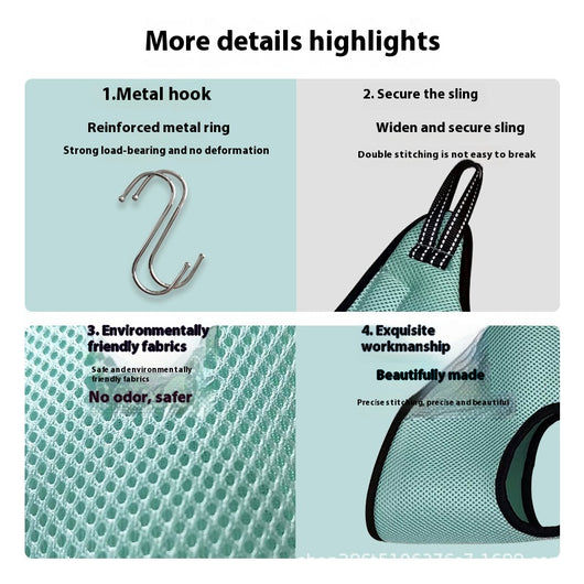 Grey polyester mesh pet grooming hammock with black trim and two leg openings, includes two silver S-hooks. - Image 12