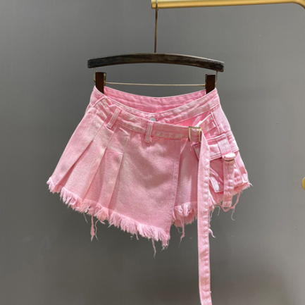Culottes Denim Irregular Cintura Alta Efecto Dos Piezas