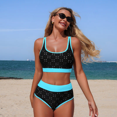 White eyelet two-piece bikini with black trim, featuring a scoop neck top and high-waisted bottoms. - Image 7