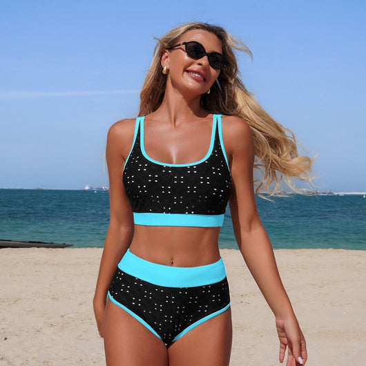 White eyelet two-piece bikini with black trim, featuring a scoop neck top and high-waisted bottoms. - Image 7