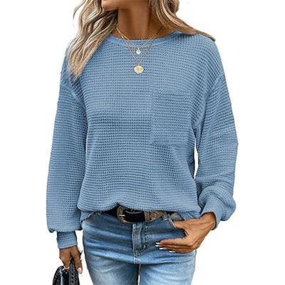 Blusa Tejida Waffle Manga Larga Cuello Redondo para Mujer - Image 13