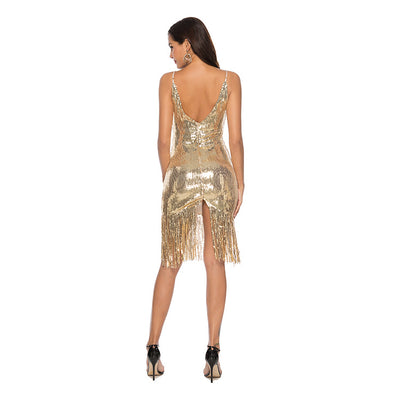 Vestido Slip Escotado con Lentejuelas y Flecos Espalda Descubierta - Image 2