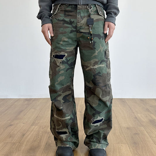 Pantalones Cargo Militares Desgastados con Bordados y Corte Recto Holgado