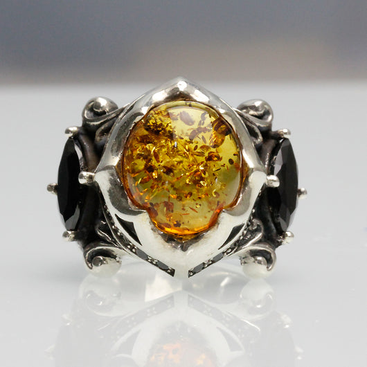Anillo de Plata 925 Retro con Piedra Negra y Ámbar - Image 5