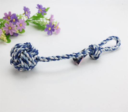 Blue, white, and light blue braided cotton rope dog toy with a knotted ball and loop handle. - Image 2
