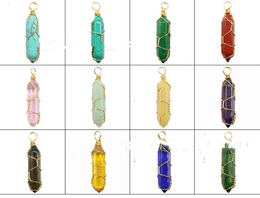 Collar Colgante de Cristal Hexagonal Envuelto a Mano con Piedra Natural