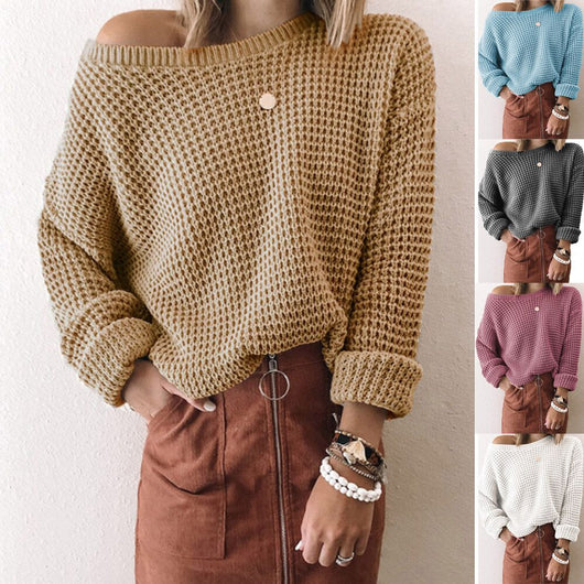 Suéter Tejido Suelto con Cuello Sesgado para Mujer - Otoño e Invierno - Image 19