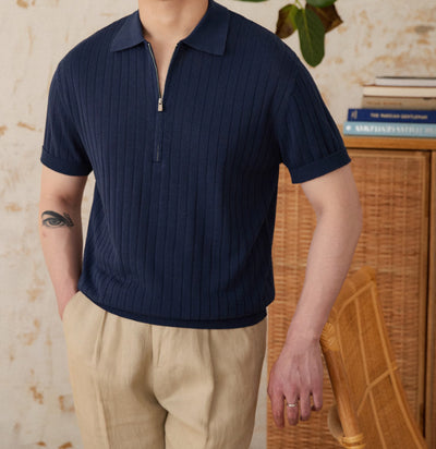 Camisa de Lino Mezcla con Cierre y Rayas Hundidas Manga Corta - Image 16