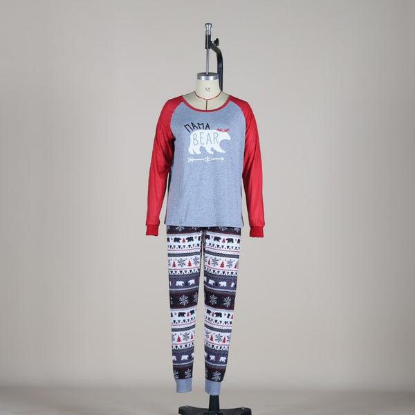 Children's grey and red long-sleeve pajama top with 'LITTLE BEAR' graphic and patterned winter-themed pants.