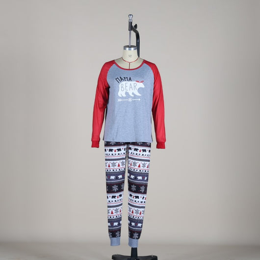 Children's grey and red long-sleeve pajama top with 'LITTLE BEAR' graphic and patterned winter-themed pants.