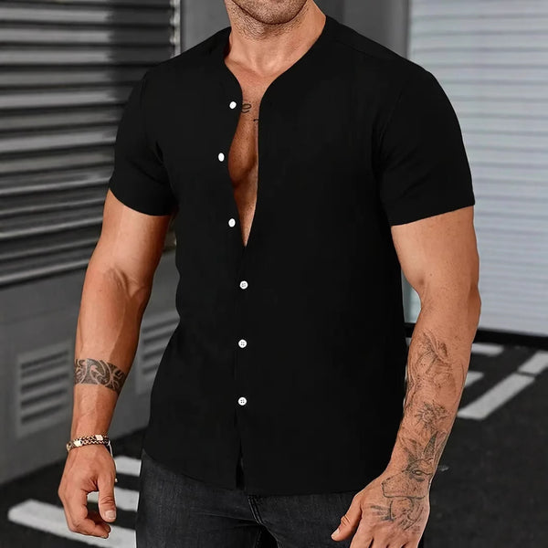 Camisa Tipo Cardigan Cuello Alto Manga Corta para Hombre