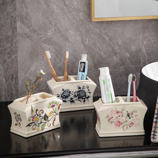Organizador de Baño Cerámico con Tapa - Porta Cepillos para Parejas