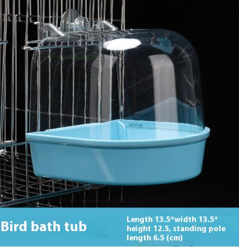 Clear plastic bird bath with a blue base, designed to attach to a yellow and white bird cage. - Image 6
