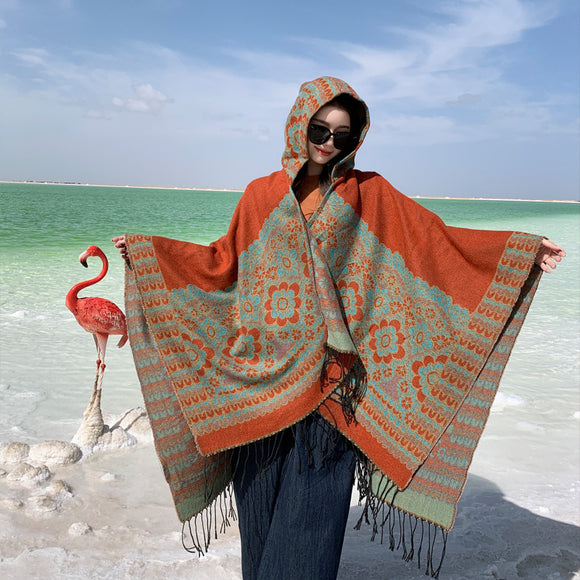 Poncho Étnico Desértico de Cashmira Artificial para Otoño e Invierno