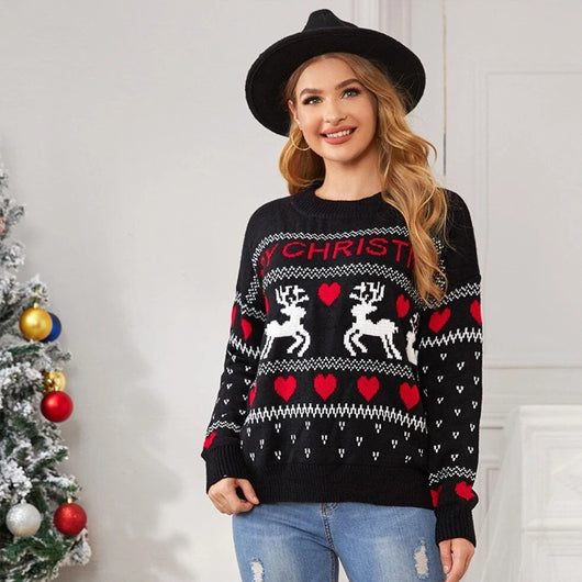 Suéter Navideño con Estampado de Corazón y Alce - Pullover de Punto para Mujer - Image 5