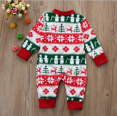 Christmas long-sleeved pajama set with red, green, and white fair isle print featuring snowmen, reindeer, and trees. - Image 15