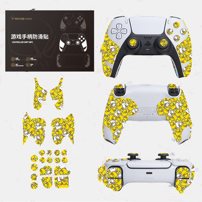 PS5 controller anti-slip grip tape with a yellow rubber duck pattern, shown on a white controller and in packaging. - Image 4