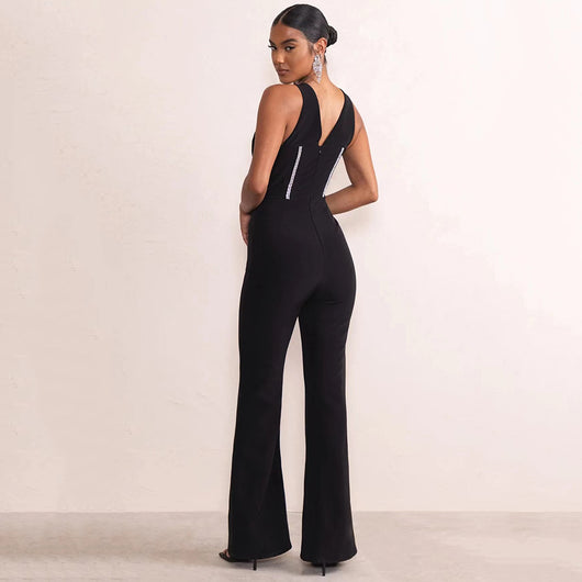 Jumpsuit Bandage Escotado con Espalda Descubierta y Diamantes - Image 4