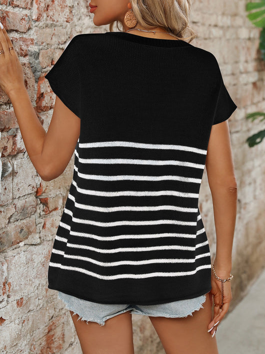 Blusa Casual de Cuello Redondo con Rayas y Manga Corta - Image 24