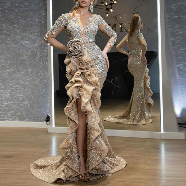 Vestido de Fiesta Dorado con Detalles Brillantes para Damas