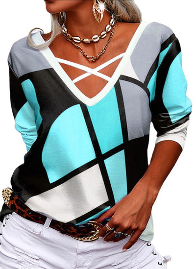 Blusa Suelta de Cuello V Manga Larga con Estampado Geométrico - Image 4