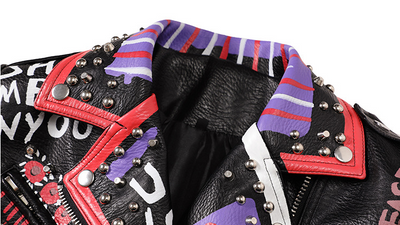 Chaqueta de Cuero para Motocicleta con Remaches Graffiti para Mujer - Image 17