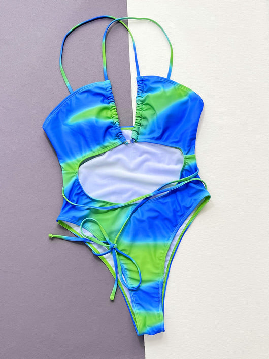 Women's blue and green tie-dye one-piece swimsuit with a tube top, hollow cut-outs, and criss-cross straps. - Image 15