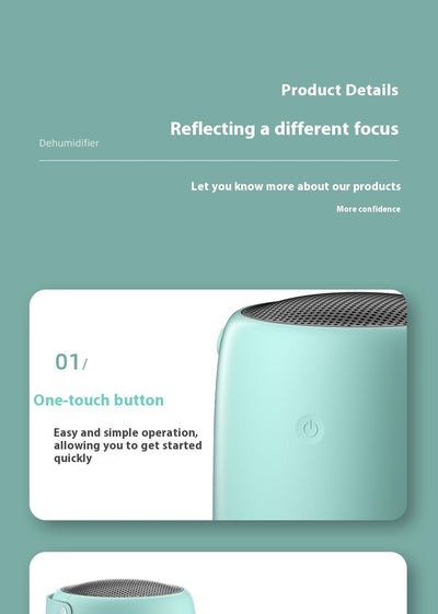 White compact dehumidifier with a transparent water tank, featuring a top grille and a power button. Highlights smart start, defrost, night mode, and quiet oper - Image 11