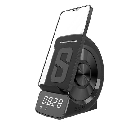 Soporte Móvil con Carga Inalámbrica, Reloj y Parlante Bluetooth