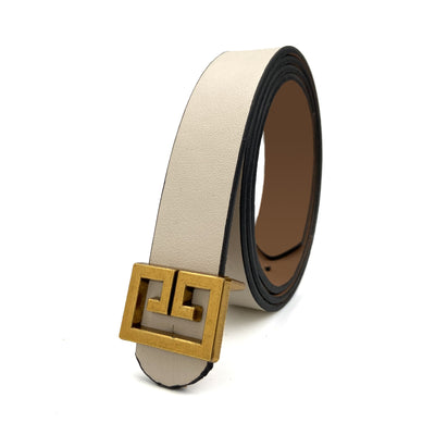 Women's brown imitation leather belt with a decorative bronze-colored square buckle featuring a geometric pattern. - Image 3