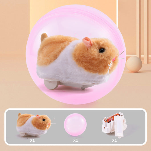 Plush orange and white hamster toy on wheels inside a transparent pink rolling ball, with components shown. - Image 8
