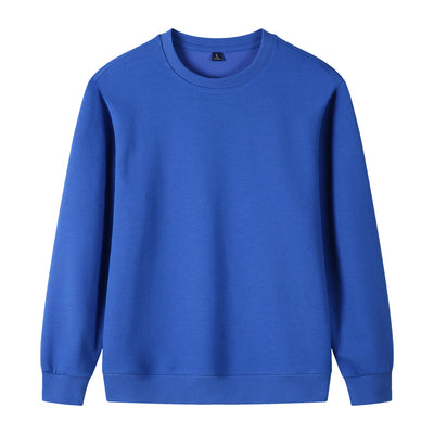 Navy blue pure cotton long sleeve round neck sweatshirt with ribbed cuffs and hem, displayed flat. - Image 9