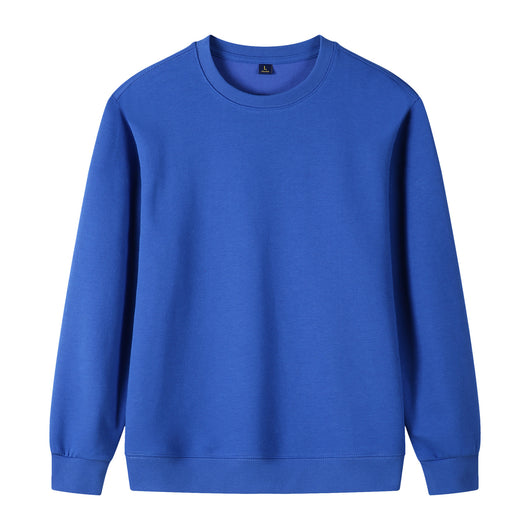 Navy blue pure cotton long sleeve round neck sweatshirt with ribbed cuffs and hem, displayed flat. - Image 9